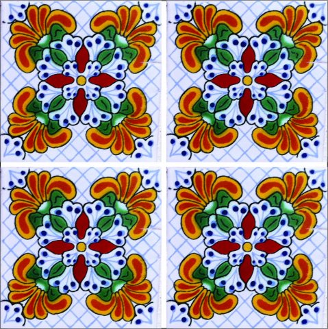 TALAVERA TILES / Talavera Tile 4x4 inch (90 pieces) - Style AZ186 / These beatiful handpainted Mexican Talavera tiles will give a colorful decorative touch to your bathrooms, vanities, window surrounds, fireplaces and more.