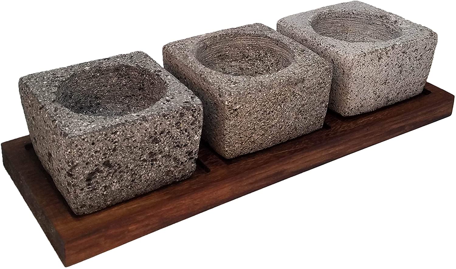 VOLCANIC ROCK PRODUCTS / Set-of-3-Small-4''-Mortars-with-Parota-Wood-Serving-Board